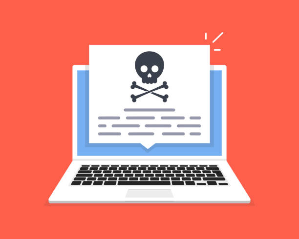 The laptop was hacked. Skull message on computer screen. Concept of virus, piracy, hacking and security. Vector illustration. The laptop was hacked. Skull message on computer screen. Concept of virus, piracy, hacking and security. Vector illustration. ransomware stock illustrations