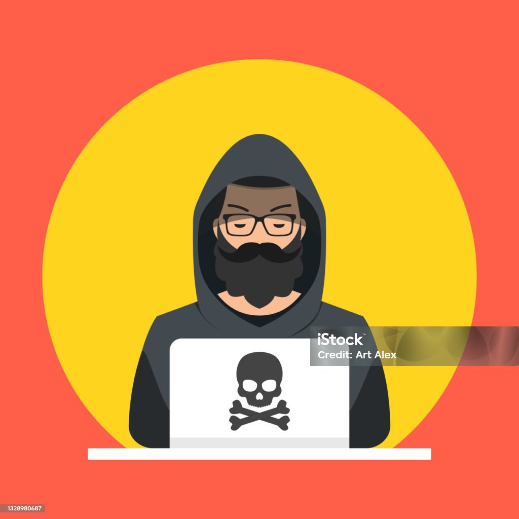Cartoon Hacking Screen Hacker Sitting At The Desktop And Hacking Secret Data On The Laptop ...