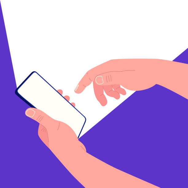 istock One hand holds a smartphone and the other touches the screen. White light from the smartphone. Mockup for your text. Vector illustration. 1328983300