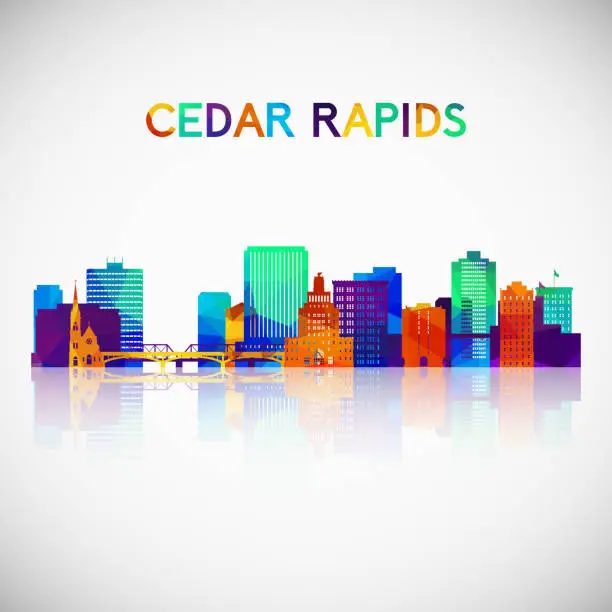 Vector illustration of Cedar Rapids skyline silhouette in colorful geometric style. Symbol for your design. Vector illustration.