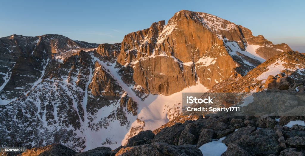 Sunrise on Longs Peak From the summit of Mount Lady Washington, in Rocky Mountain National Park. Longs Peak Stock Photo