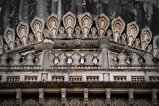 Close-up shot of decorations on the tomb of Abdullah Qutb Shah, at Ibrahim Bagh, Hyderabad, India