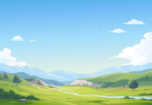 A beautiful landsapce with a river, trees, bushes, hills, mountains and green meadows under a blue cloudy sky. Vector illustration with space for text.