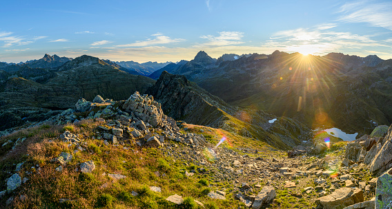 Aerial view of a sunrise in the Alps (Strittkopf in Austria)