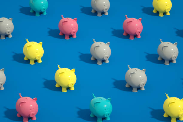 Piggy Bank 3D rendering of Piggy bank for saving. Minimalism. Copy space. personal loan stock pictures, royalty-free photos & images