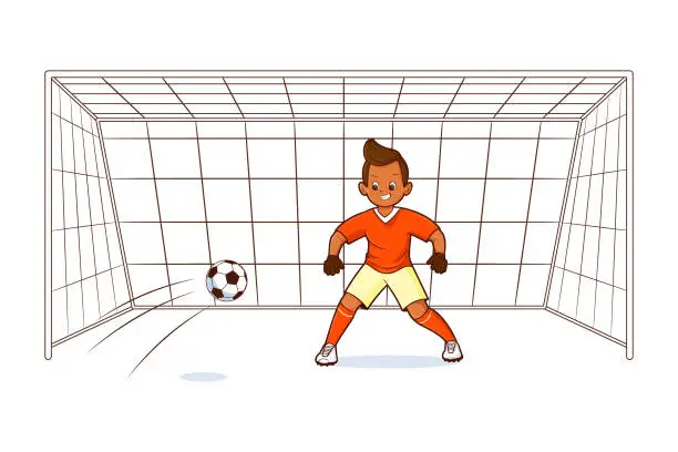 Vector illustration of A young football player, the goalkeeper, stands at the gate, waiting for the ball to be served. Vector flat isolated illustration in cartoon style on the theme of football and sports