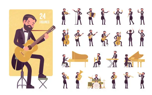 Vector illustration of Musician, man playing music, musical instruments, character set, pose sequences