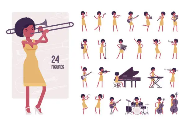Vector illustration of Musician, jazz woman playing musical instruments, character set, pose sequences
