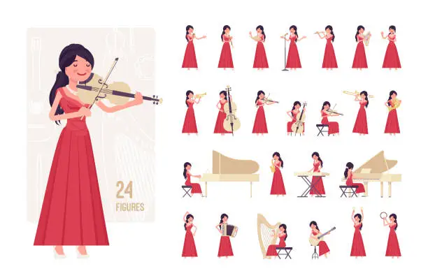 Vector illustration of Musician, woman playing music, musical instruments, character set, pose sequences