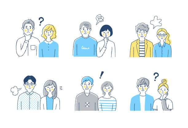 Illustration set of upper body of multiple young families (negative) Couple, troubled, anxious, worried, facial expression, sighing stock illustrations