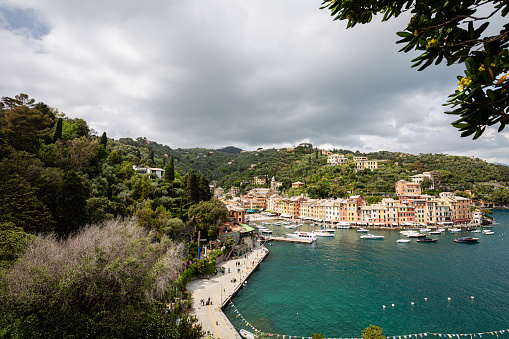 View to the city of Portofino from near hill with sky and clouds