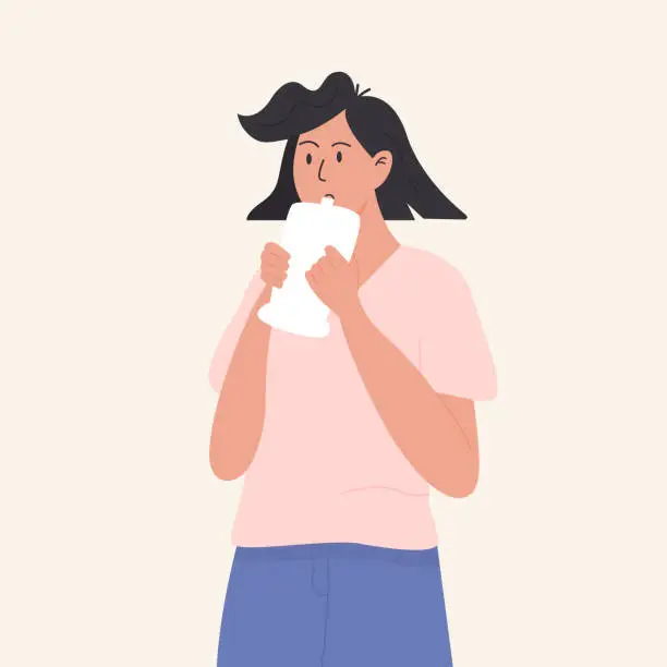 Vector illustration of A female person undergoing medical GeNose C19 rapid test. Patient exhale into a plastic bag. Coronavirus breathalyzer device analyze breath sample. Covid medical testing. Vector illustration.