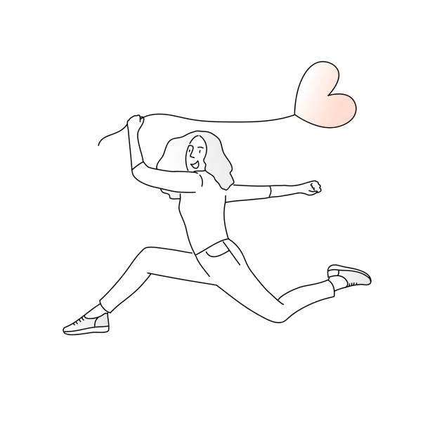 illustrations, cliparts, dessins animés et icônes de fille en cours d’exécution avec ballon en forme de cœur. - jumping women running vitality