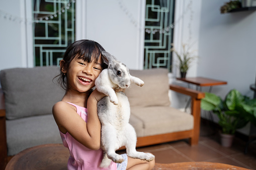 smile little girl and white rabbit, playing at home