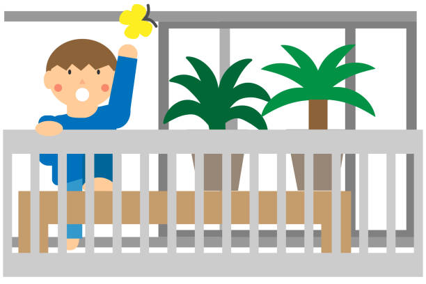 illustrazioni stock, clip art, cartoni animati e icone di tendenza di comportamento pericoloso dei bambini sul balcone (immagine vista dalla parte anteriore) - screen door door porch house