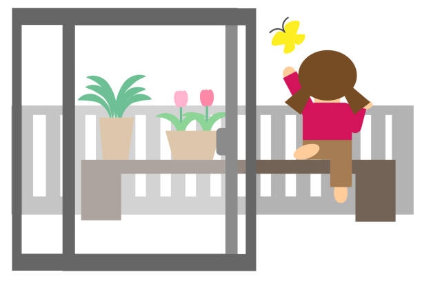 illustrazioni stock, clip art, cartoni animati e icone di tendenza di comportamento pericoloso dei bambini sul balcone (sfondo) - screen door door porch house