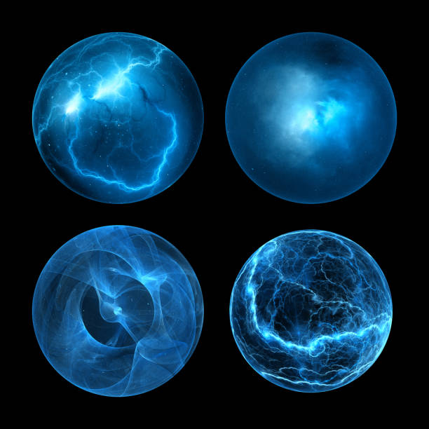 Set of blue glowing power balls isolated on black Set of blue glowing power balls, computer generated abstract object, isolated on black, 3D rendering plasma ball stock pictures, royalty-free photos & images
