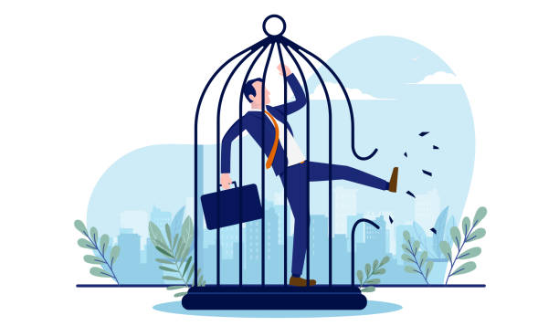 Businessman breaking free Man kicking a cage open to find freedom. Break free from work, and life change concept. Vector illustration with white background prison escape stock illustrations