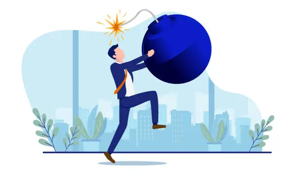 Vector illustration of Businessman in trouble, man running with bomb in hand feeling scared and nervous