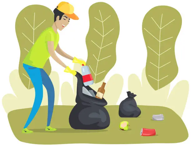 Vector illustration of Male character cleans up garbage in green park. Maintaining forest clean from debris and trash