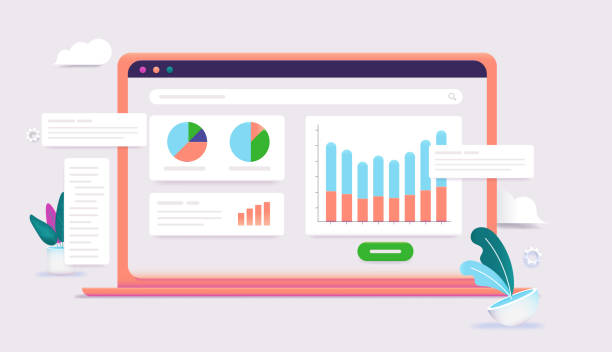 Laptop with charts and graphs Computer screen with data analysing tools, web and software analytics concept. Vector illustration. dashboard visual aid stock illustrations