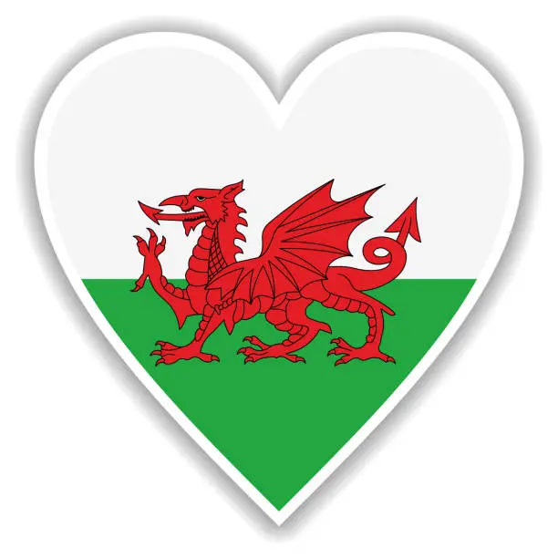 Vector illustration of Flag of Wales in heart with shadow and white outline