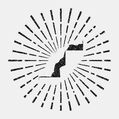 Vintage map of Western Sahara. Grunge sunburst around the country. Black Western Sahara shape with sun rays on white background. Vector illustration.