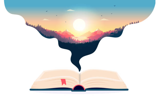 Book imagination Open book with dreamlike landscape. Escape reality with reading good books concept. Vector illustration dreaming stock illustrations