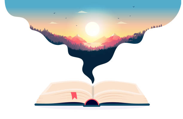 Book imagination Open book with dreamlike landscape. Escape reality with reading good books concept. Vector illustration fairytale stock illustrations