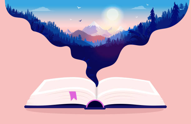 Getting lost in a good book Open book with dreamy illustration of nature. Enjoying books and dream away concept. Vector illustration dreaming illustrations stock illustrations