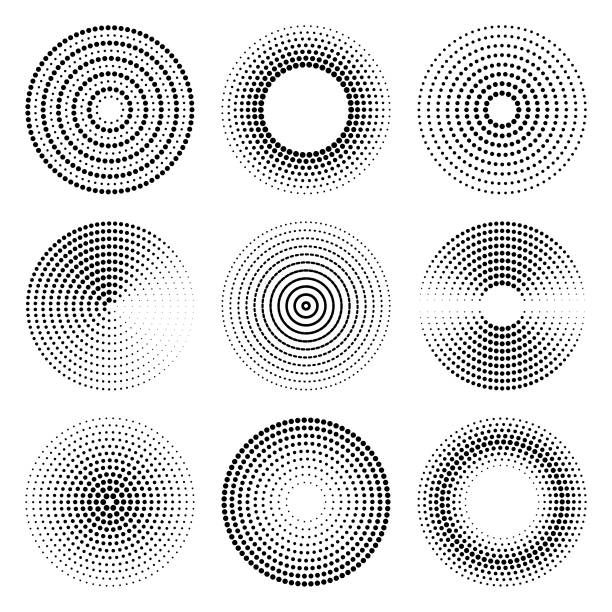 ilustrações, clipart, desenhos animados e ícones de círculos pontilhados de vetores. efeito halftone - textured vector circle in a row