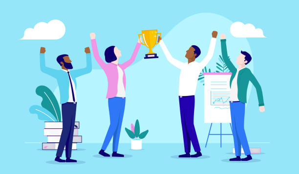 Casual team business winners Group of people winning and celebrating success. Winning team concept, vector illustration. four people office stock illustrations