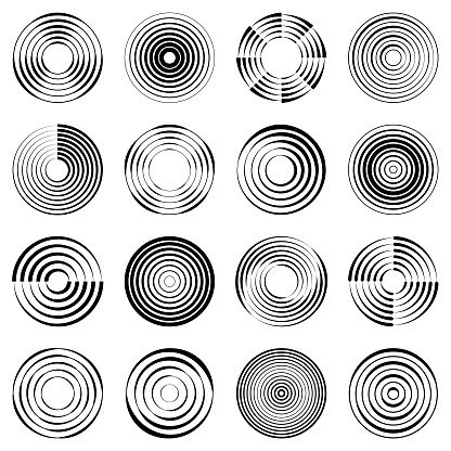 Set of abstract circle shapes for design. Radial black rotating lines. Symbol of ripple effect. Vector design elements