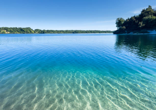 Crystal clear lake surrounded by forest. Blue sky on the background.