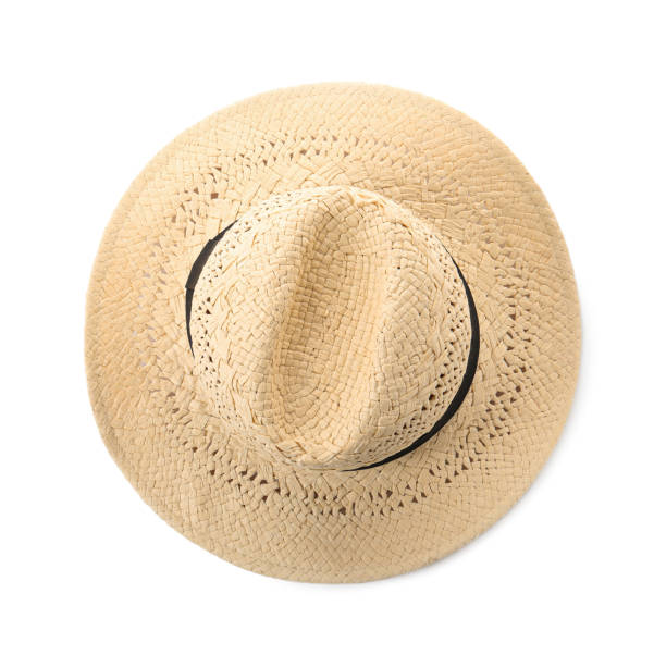 istock Stylish straw hat isolated on white, top view 1329005114
