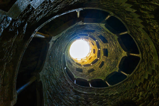 The Well of Quinta da Regaleira. below view. A romantic staircase in Sintra stock photo