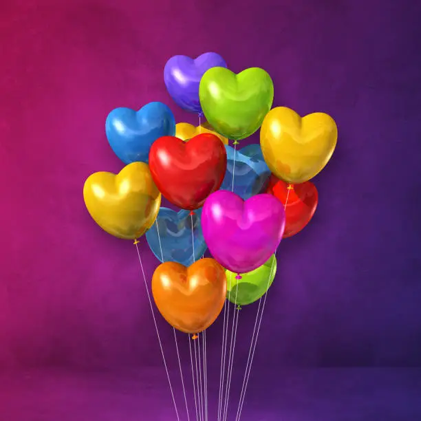 Colorful heart shape balloons bunch on a purple wall background. 3D illustration render