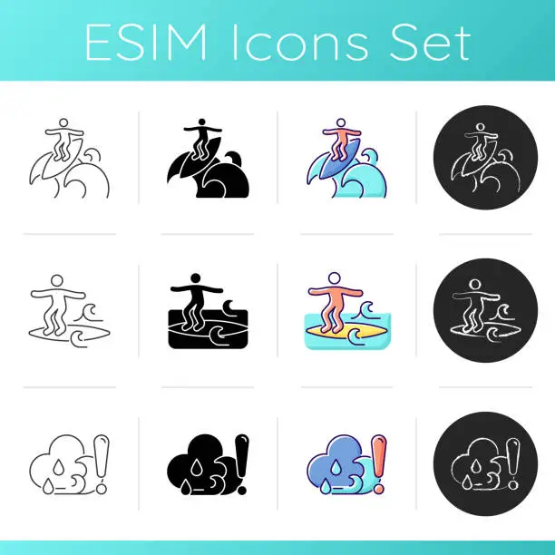 Vector illustration of Riding waves in ocean icons set