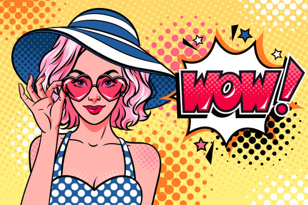 Woman in sunglasses and sun hat and wow! speech bubble. Summer illustration. Pop art style. Woman holding heart shaped sunglasses and sun hat. Wow comic speech bubble. Comic style, vector retro illustration. pin up girl stock illustrations