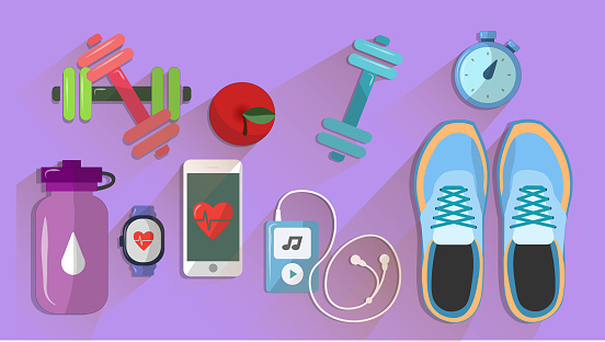 istock Flat design icons on fitness gym exercise equipment and healthy lifestyle exercise supplements. Gym sport icon set. 1329009188