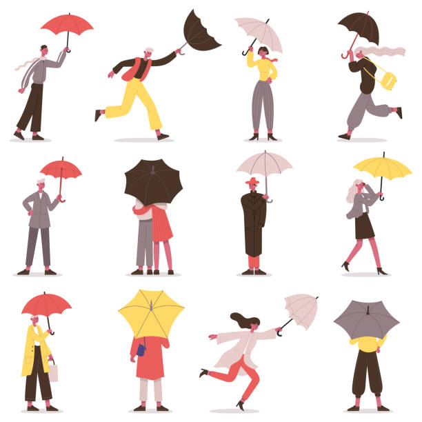 illustrazioni stock, clip art, cartoni animati e icone di tendenza di persone che tengono l'ombrello. personaggi autunnali maschili e femminili con ombrelli, set di illustrazioni vettoriali di passeggiate di un giorno piovoso. persone dei cartoni animati che camminano sotto l'ombrello - scarf blowing women autumn