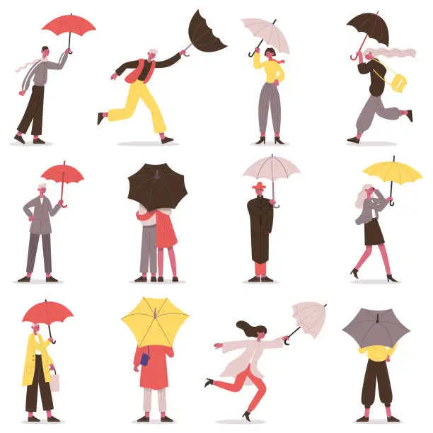 Vector illustration of People holding umbrella. Male and female fall characters with umbrellas, rainy day stroll vector illustration set. Cartoon people walking under umbrella