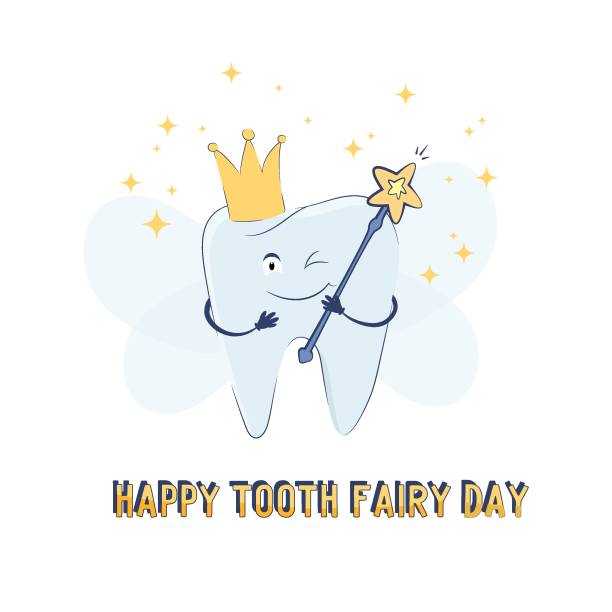 Art & Illustration Happy tooth fairy day greeting card with cute smiling tooth with wings, crown and magic wand in hand. Vector illustration in hand drawn style. dental gold crown stock illustrations