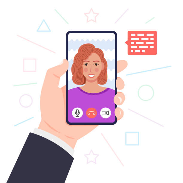 istock Video call. Hand holding smartphone. Young woman on screen. Vector illustration. 1329012671