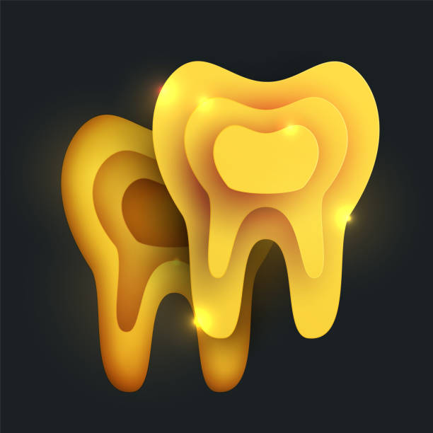 istock Slice golden tooth silhouette in modern creative style. Minimalistic luxury design concept. Premium healthcare medical composition art element. Bright paper cut layer vector illustration. 1329012902