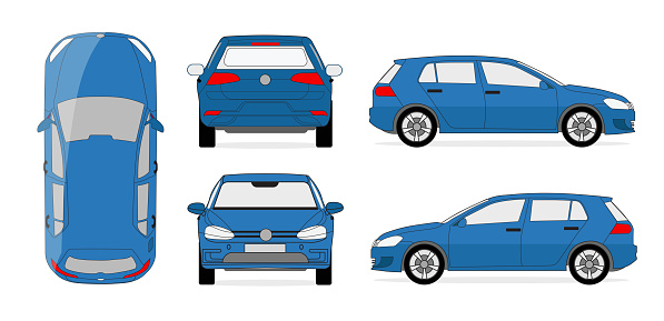 Vector image of a wide blue sports car with five different looks. Front, rear, top, right and left view car. The background is solid white color.