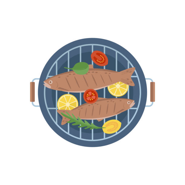 illustrazioni stock, clip art, cartoni animati e icone di tendenza di due pesci grigliati con verdure - food lunch vegetable pattern