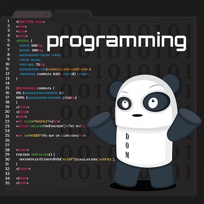 vector illustration of a programming code editor with a panda bear as a pet