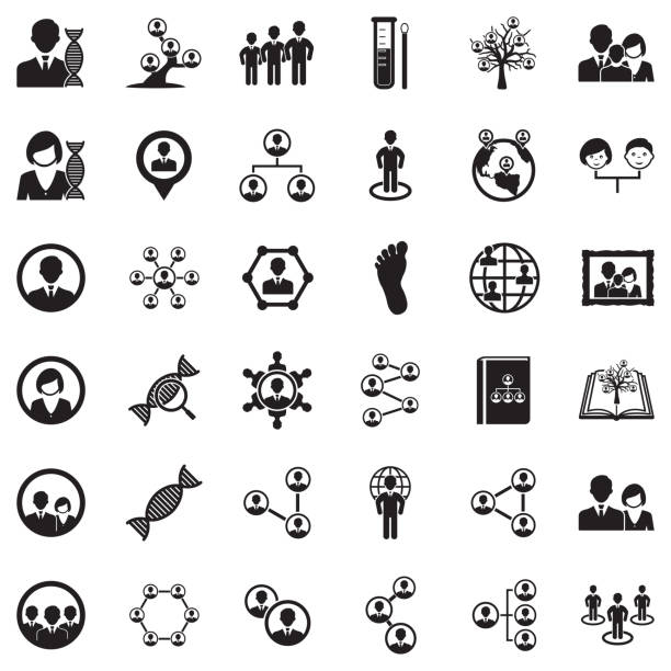 Ancestry Icons. Black Flat Design. Vector Illustration. People, Nation, DNA, Family human genome map stock illustrations