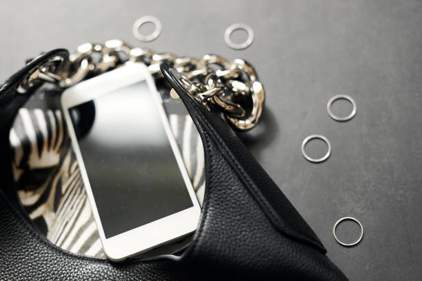 istock Black leather bag with chain, white phone, zebra print, silver thin rings on a black background 1329015536